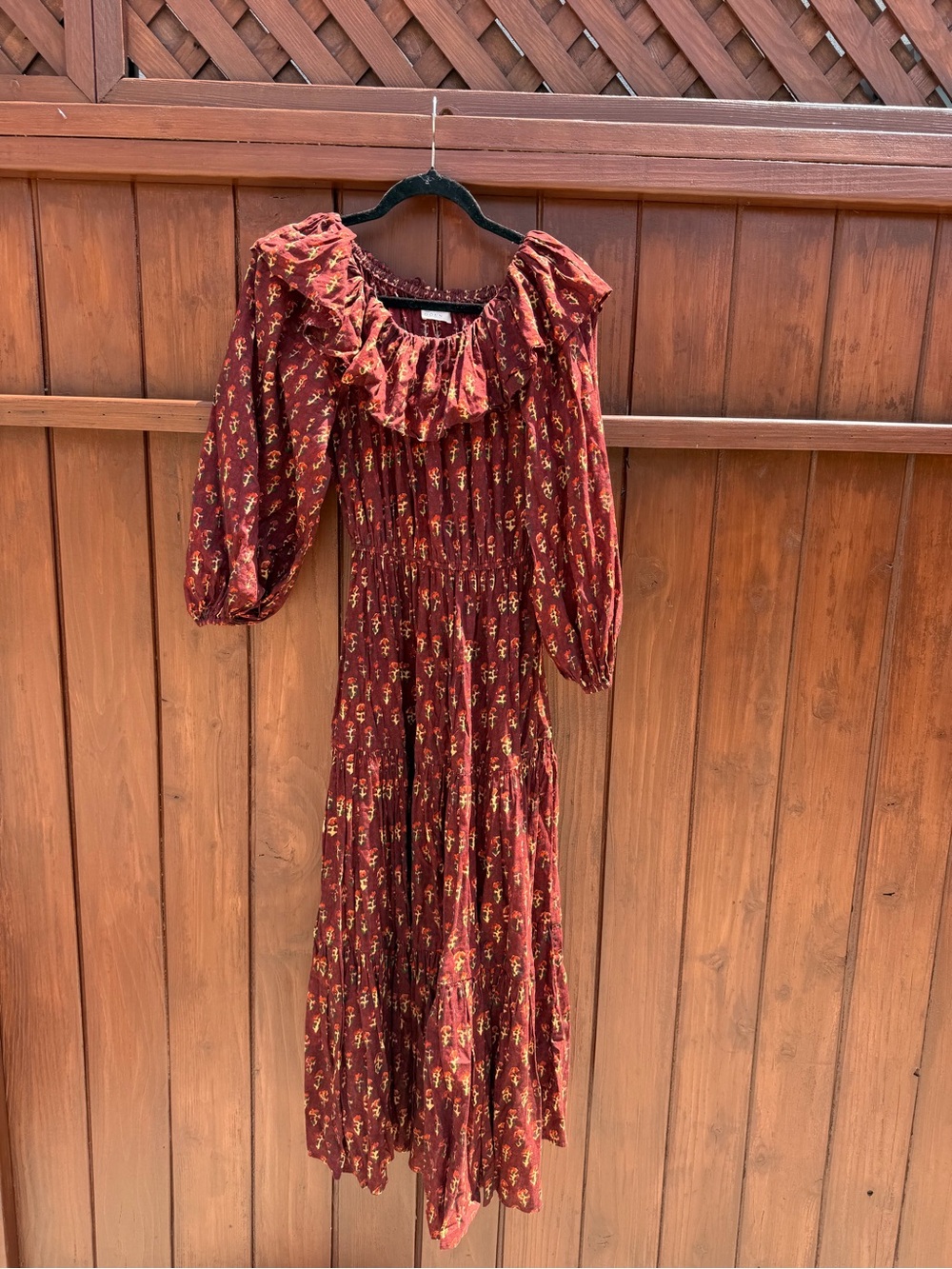Doen Rust Floral Ruffle Neck Maxi Dress